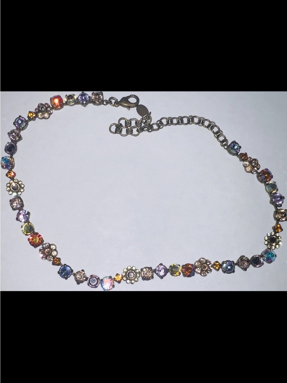 Sorrelli Signed Multicolor Crystal Station Necklace Antique Brass Retired